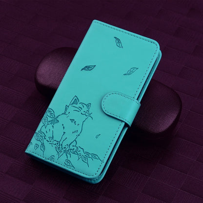 For iPhone 16e Cute Cat Embossed Leather Phone Case(Lake Blue) by bashfashion
