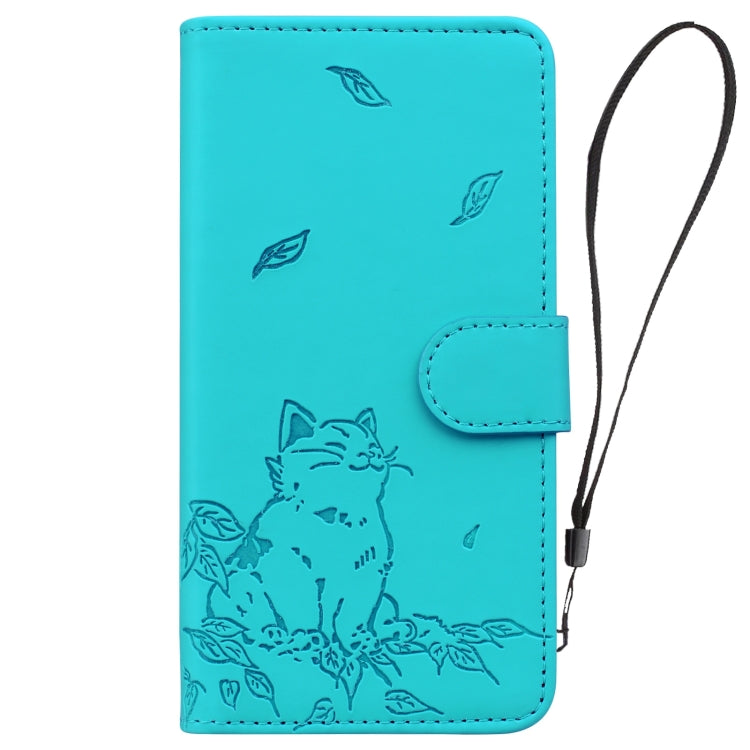 For iPhone 16e Cute Cat Embossed Leather Phone Case(Lake Blue) by bashfashion