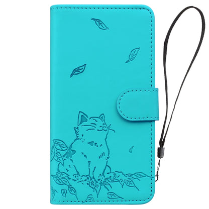 For iPhone 16e Cute Cat Embossed Leather Phone Case(Lake Blue) by bashfashion