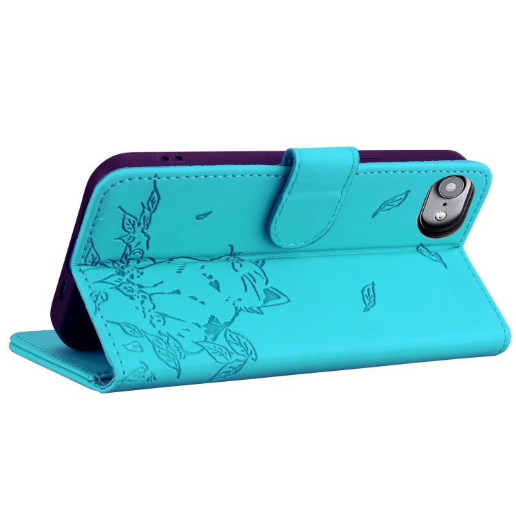 For iPhone 16e Cute Cat Embossed Leather Phone Case(Lake Blue) by bashfashion
