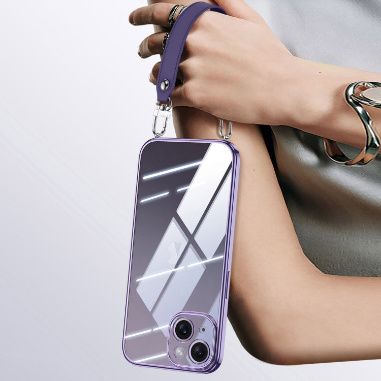 For iPhone 15 SULADA Electroplated Clear TPU Soft Frame Phone Case with Wrist Strap(Purple) by SULADA