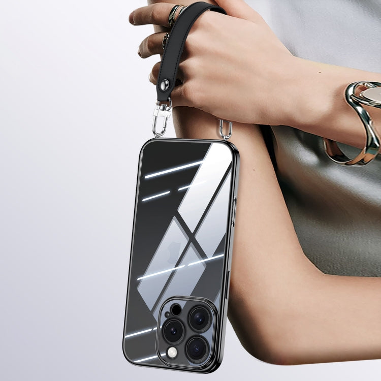 For iPhone 16 Pro Max SULADA Electroplated Clear TPU Soft Frame Phone Case with Wrist Strap(Black) by SULADA