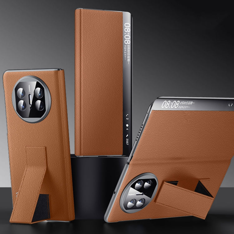 For Huawei Mate X5 / X3 SULADA Smart Series Wristband Holder Smart View Window Genuine Leather Phone Case(Brown) by SULADA
