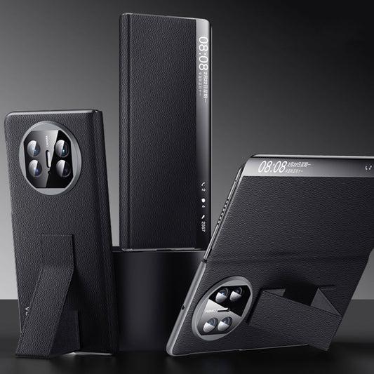 For Huawei Mate X5 / X3 SULADA Smart Series Wristband Holder Smart View Window Genuine Leather Phone Case(Black) by SULADA