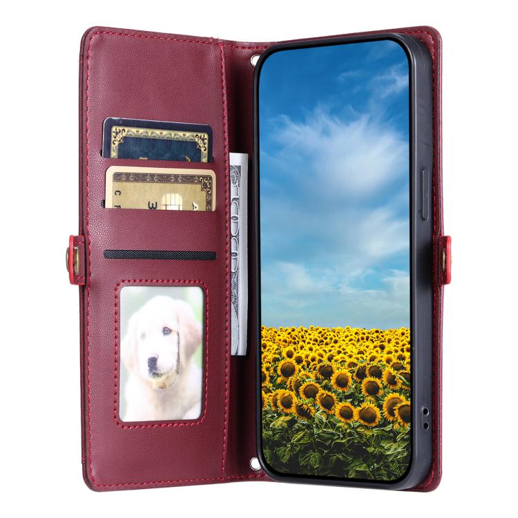 For iPhone 16e Wallet Multi-card Slot Leather Phone Case with Lanyard(Wine Red) by bashfashion