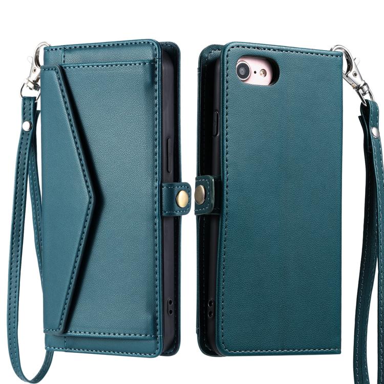 For iPhone 16e Wallet Multi-card Slot Leather Phone Case with Lanyard(Green) by bashfashion