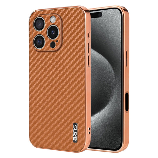 For iPhone 16 Pro Max AZNS Electroplated Edge Carbon Fiber Texture Phone Case(Brown) by AZNS