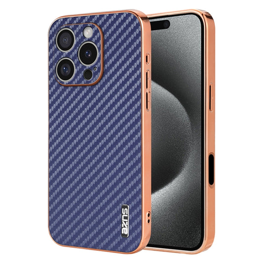 For iPhone 16 Pro Max AZNS Electroplated Edge Carbon Fiber Texture Phone Case(Blue) by AZNS