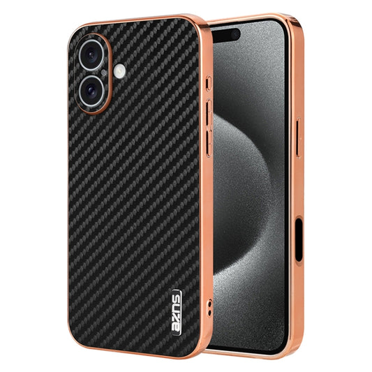 For iPhone 16 Plus AZNS Electroplated Edge Carbon Fiber Texture Phone Case(Black) by AZNS