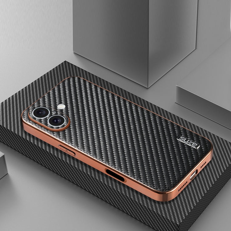 For iPhone 16 Plus AZNS Electroplated Edge Carbon Fiber Texture Phone Case(Black) by AZNS