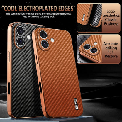 For iPhone 16 Plus AZNS Electroplated Edge Carbon Fiber Texture Phone Case(Black) by AZNS