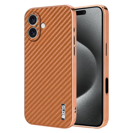 For iPhone 16 Plus AZNS Electroplated Edge Carbon Fiber Texture Phone Case(Brown) by AZNS