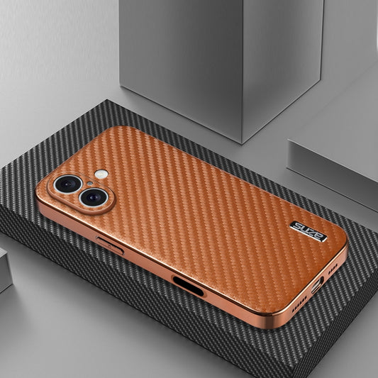 For iPhone 16 Plus AZNS Electroplated Edge Carbon Fiber Texture Phone Case(Brown) by AZNS