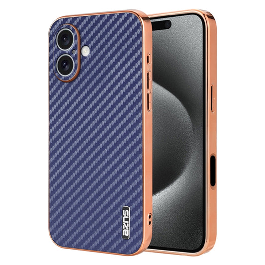 For iPhone 16 Plus AZNS Electroplated Edge Carbon Fiber Texture Phone Case(Blue) by AZNS