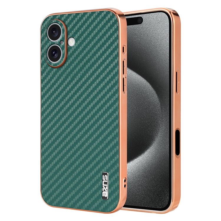 For iPhone 16 AZNS Electroplated Edge Carbon Fiber Texture Phone Case(Green) by AZNS