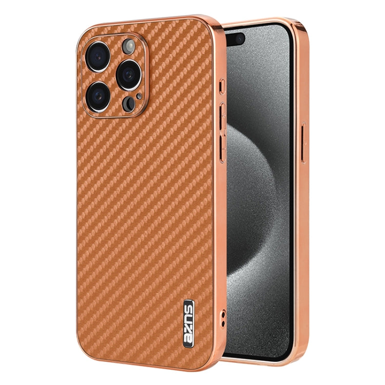 For iPhone 15 Pro Max AZNS Electroplated Edge Carbon Fiber Texture Phone Case(Brown) by AZNS