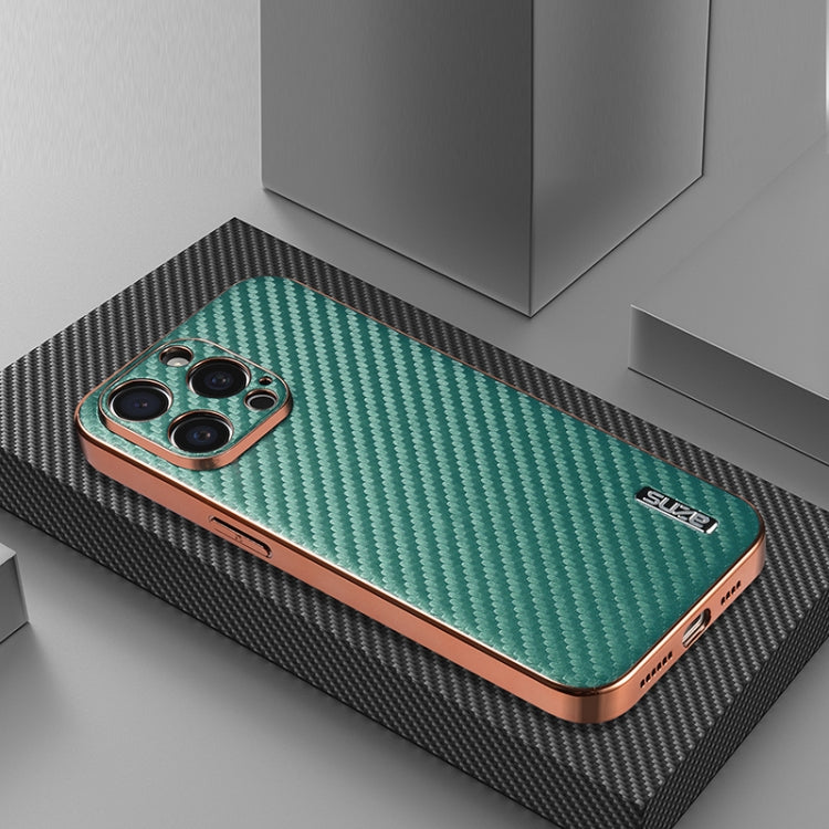 For iPhone 15 Pro Max AZNS Electroplated Edge Carbon Fiber Texture Phone Case(Green) by AZNS