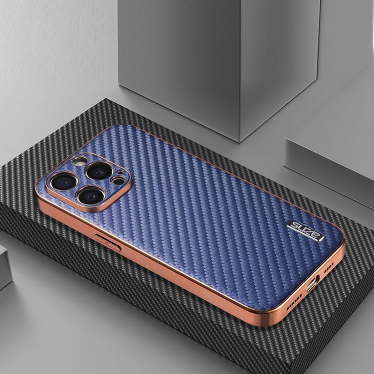 For iPhone 15 Pro AZNS Electroplated Edge Carbon Fiber Texture Phone Case(Blue) by AZNS