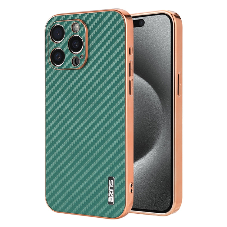 For iPhone 14 Pro AZNS Electroplated Edge Carbon Fiber Texture Phone Case(Green) by AZNS