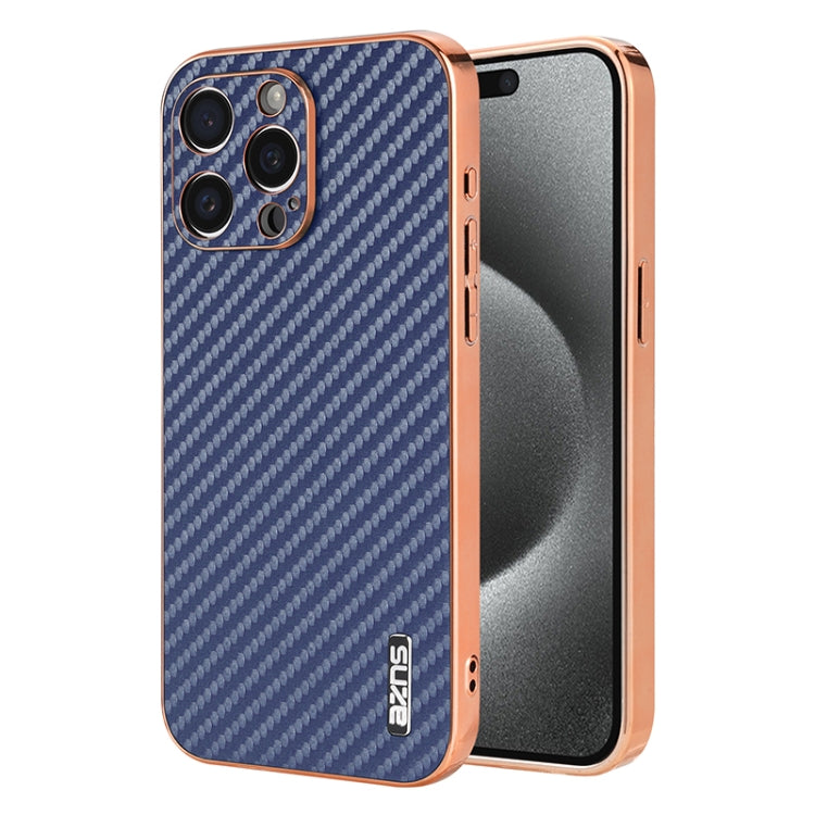 For iPhone 14 Pro Max AZNS Electroplated Edge Carbon Fiber Texture Phone Case(Blue) by AZNS