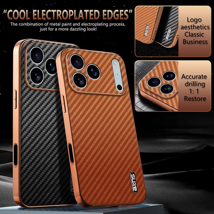 For iPhone 17 Pro Max AZNS Electroplated Edge Carbon Fiber Texture Phone Case(Brown) by AZNS