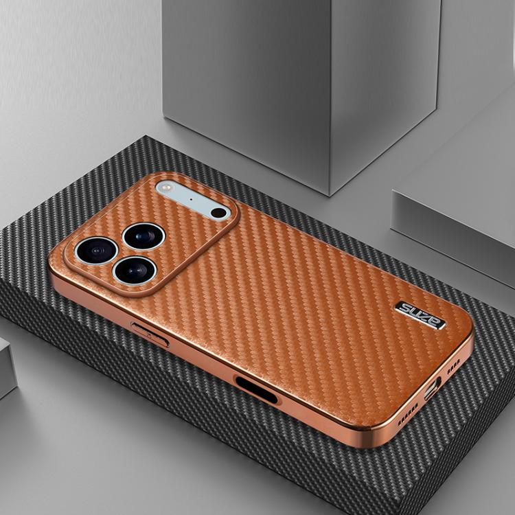 For iPhone 17 Pro AZNS Electroplated Edge Carbon Fiber Texture Phone Case(Brown) by AZNS