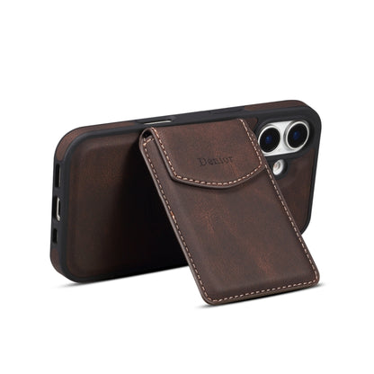 For iPhone 16 Denior D20 Skin Feel MagSafe Holder Detachable Card Slot Phone Case(Brown) by Denior