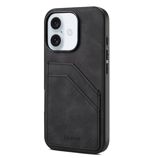 For iPhone 16 Denior D09 PU Dual Card Slot Back Cover Phone Case(Black) by Denior