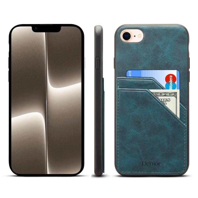 For iPhone 16e Denior D09 PU Dual Card Slot Back Cover Phone Case(Blue) by Denior