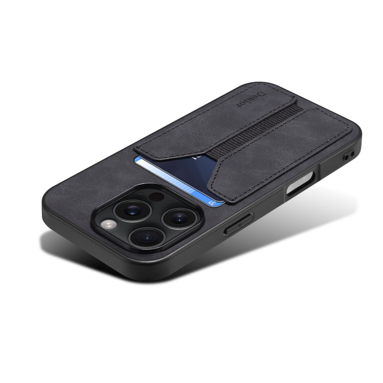 For iPhone 16 Denior D07 DV Elastic Card Slot PU Back Cover Phone Case(Black) by Denior