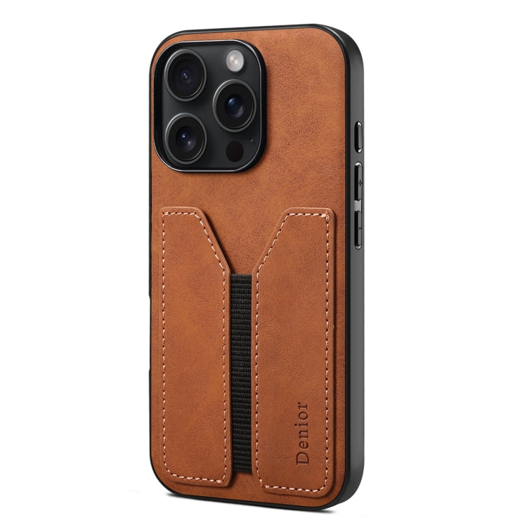 For iPhone 16 Pro Max Denior D07 DV Elastic Card Slot PU Back Cover Phone Case(Brown) by Denior