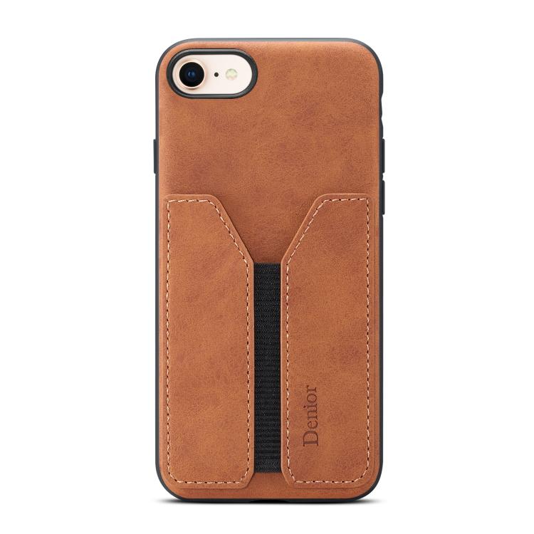 For iPhone 16e Denior D07 DV Elastic Card Slot PU Back Cover Phone Case(Brown) by Denior