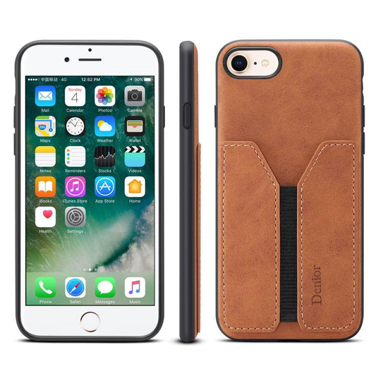 For iPhone 16e Denior D07 DV Elastic Card Slot PU Back Cover Phone Case(Brown) by Denior