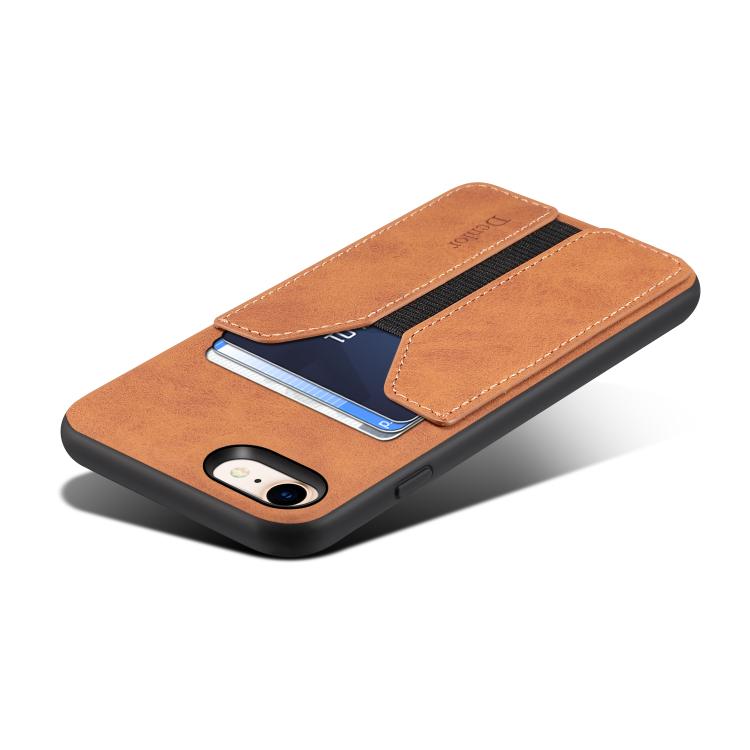 For iPhone 16e Denior D07 DV Elastic Card Slot PU Back Cover Phone Case(Brown) by Denior