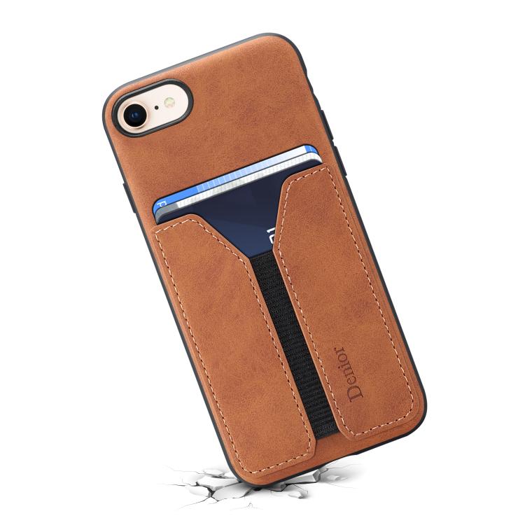 For iPhone 16e Denior D07 DV Elastic Card Slot PU Back Cover Phone Case(Brown) by Denior