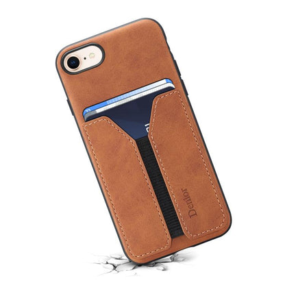 For iPhone 16e Denior D07 DV Elastic Card Slot PU Back Cover Phone Case(Brown) by Denior