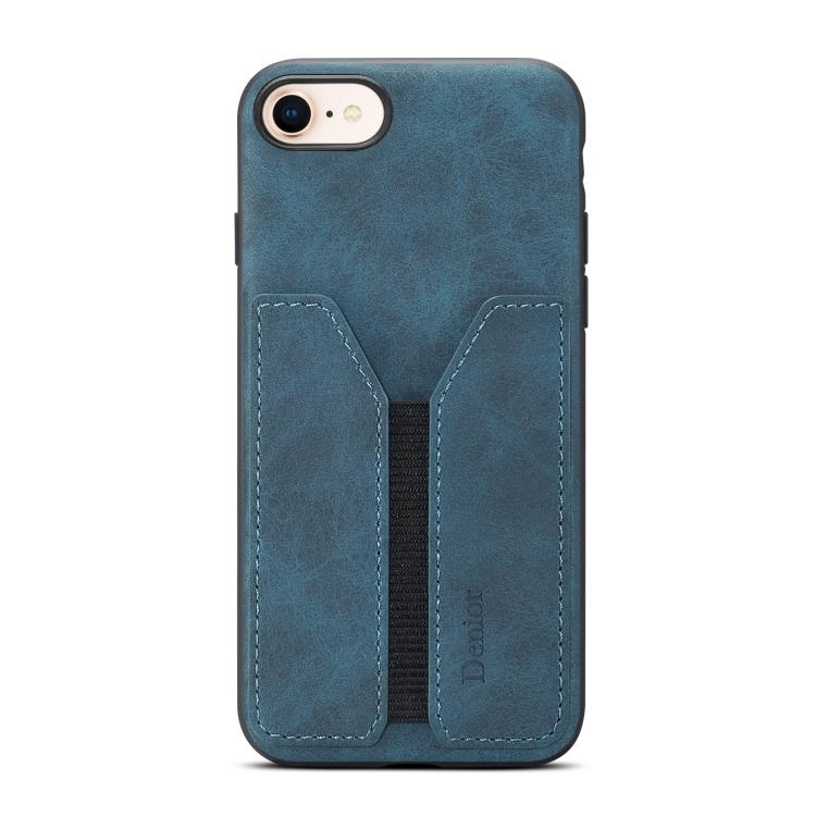 For iPhone 16e Denior D07 DV Elastic Card Slot PU Back Cover Phone Case(Blue) by Denior