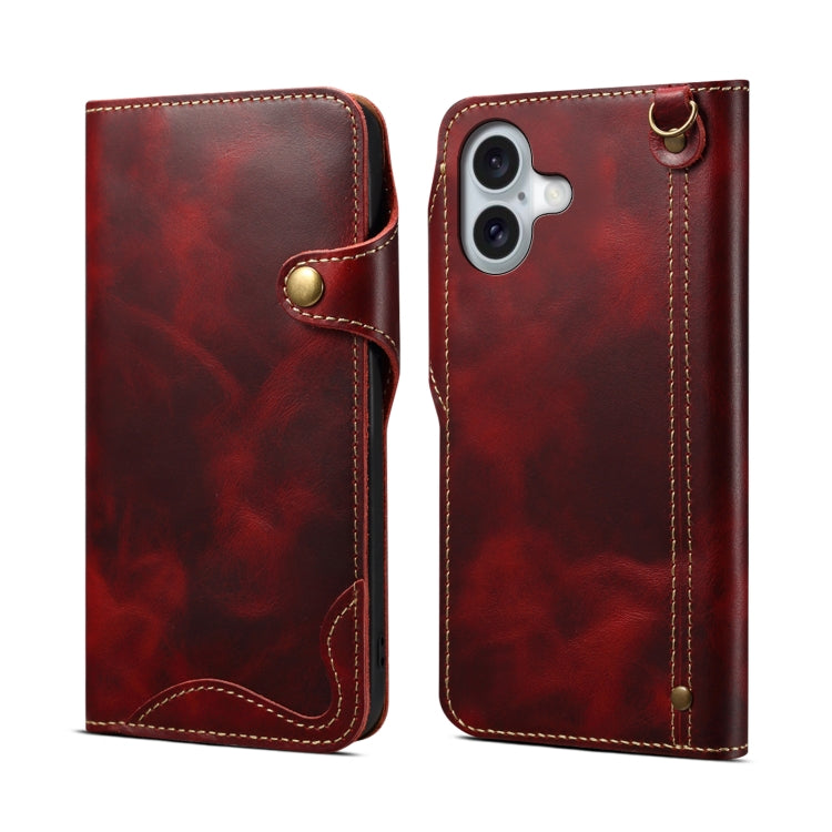 For iPhone 16 Denior B01 Oil Wax Cowhide Magnetic Button Genuine Leather Case(Red) by Denior