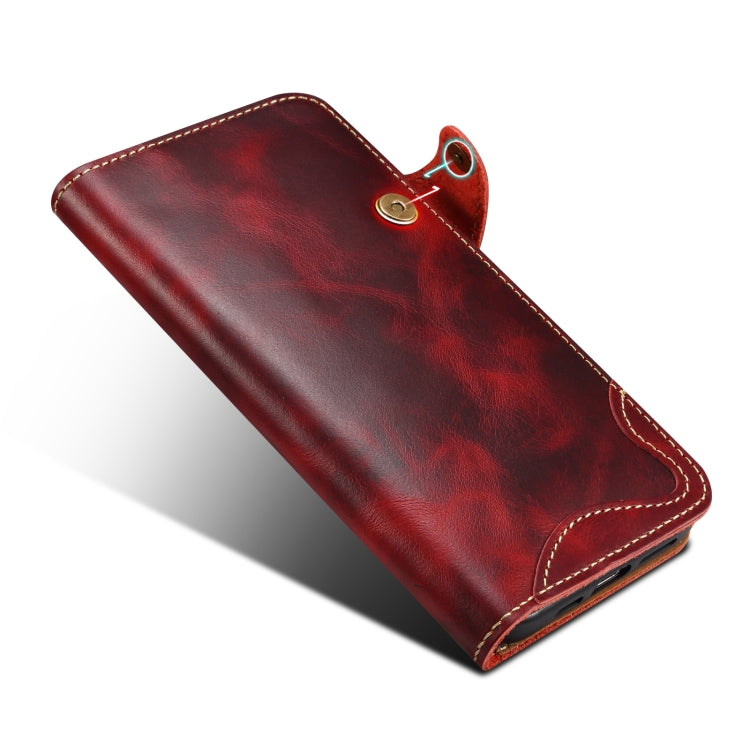 For iPhone 16 Denior B01 Oil Wax Cowhide Magnetic Button Genuine Leather Case(Red) by Denior