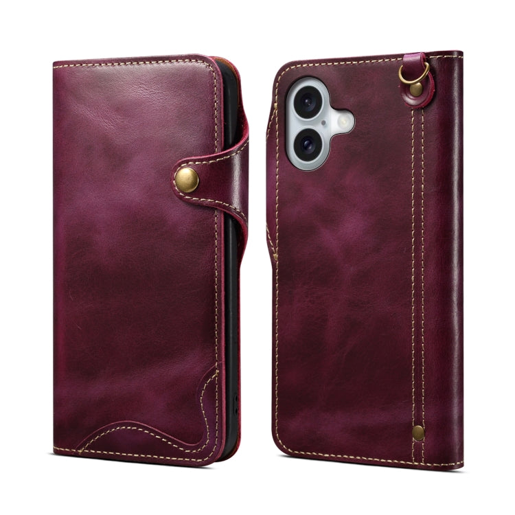 For iPhone 16 Denior B01 Oil Wax Cowhide Magnetic Button Genuine Leather Case(Purple) by Denior