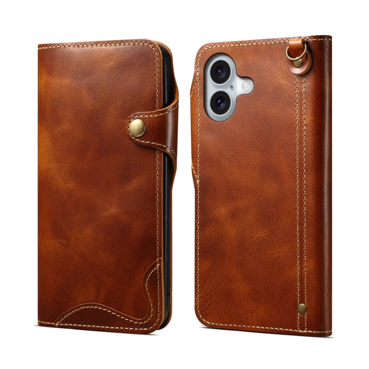 For iPhone 16 Denior B01 Oil Wax Cowhide Magnetic Button Genuine Leather Case(Brown) by Denior