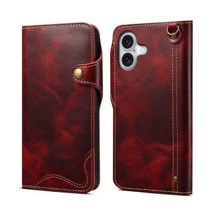 For iPhone 16 Plus Denior B01 Oil Wax Cowhide Magnetic Button Genuine Leather Case(Red) by Denior