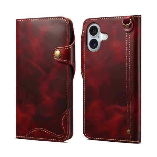 For iPhone 16 Plus Denior B01 Oil Wax Cowhide Magnetic Button Genuine Leather Case(Red) by Denior