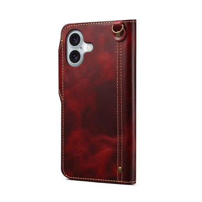For iPhone 16 Plus Denior B01 Oil Wax Cowhide Magnetic Button Genuine Leather Case(Red) by Denior