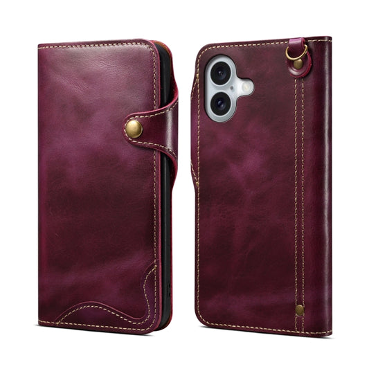 For iPhone 16 Plus Denior B01 Oil Wax Cowhide Magnetic Button Genuine Leather Case(Purple) by Denior