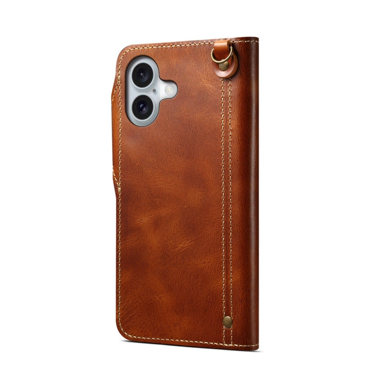 For iPhone 16 Plus Denior B01 Oil Wax Cowhide Magnetic Button Genuine Leather Case(Brown) by Denior