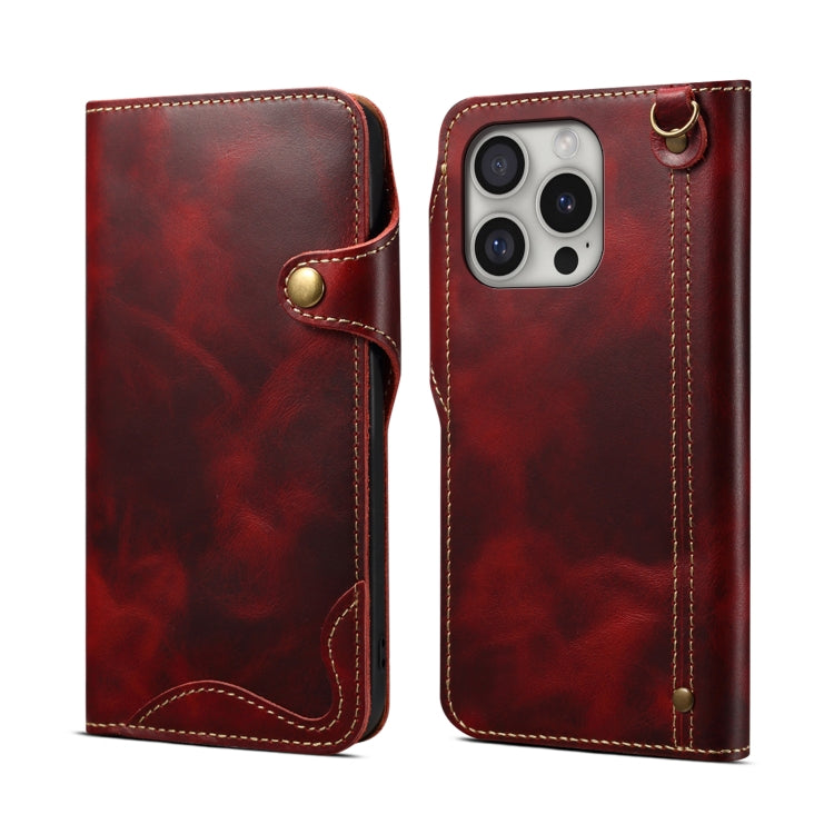 For iPhone 16 Pro Denior B01 Oil Wax Cowhide Magnetic Button Genuine Leather Case(Red) by Denior