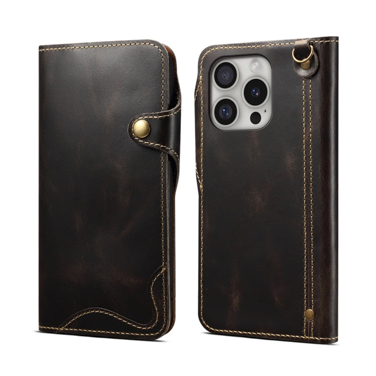 For iPhone 16 Pro Denior B01 Oil Wax Cowhide Magnetic Button Genuine Leather Case(Black) by Denior
