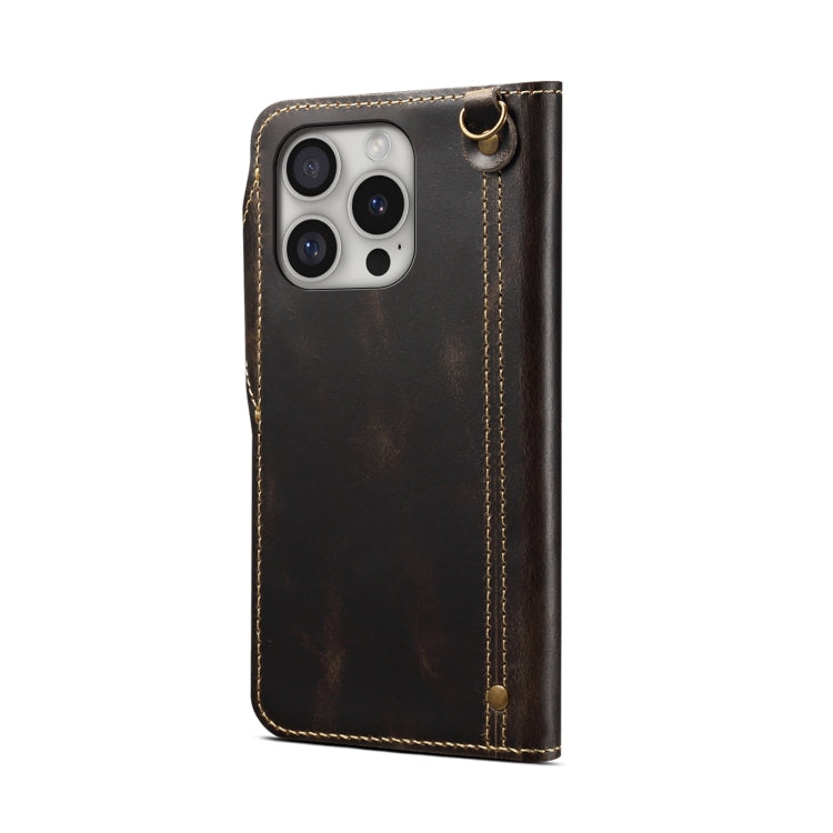 For iPhone 16 Pro Denior B01 Oil Wax Cowhide Magnetic Button Genuine Leather Case(Black) by Denior