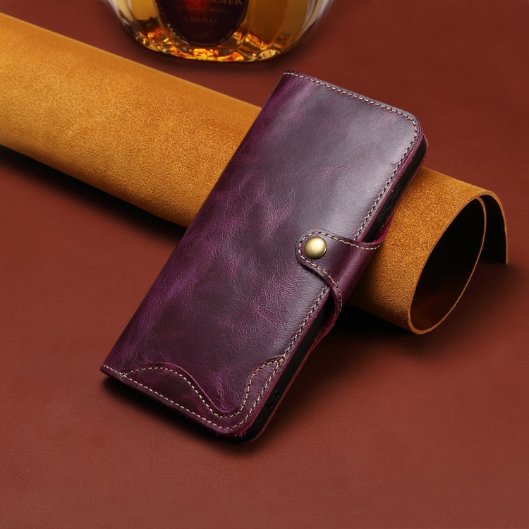 For iPhone 16 Pro Denior B01 Oil Wax Cowhide Magnetic Button Genuine Leather Case(Purple) by Denior
